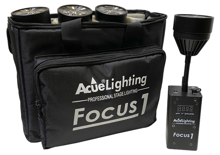 Acue Lighting Focus 1 Battery LED Pinspot Front View Acue Lighting Focus 1 compact battery-powered LED pinspot light with front-facing lens and control interface