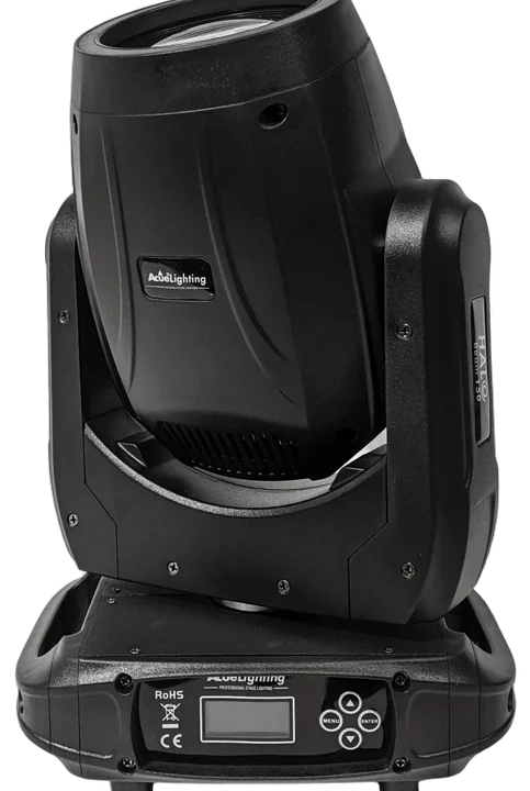 Acue Lighting Halo Beam 150 hybrid moving head spotlight with front-facing lens and control panel