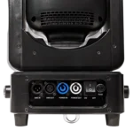 Acue Lighting Halo Beam 300 hybrid moving head fixture showing optical lens and beam projection detail