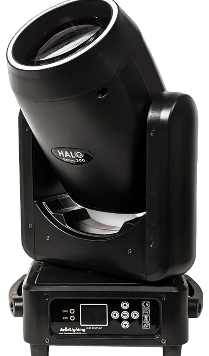 Acue Lighting Halo Beam 300 hybrid moving head spotlight with front-facing lens and control panel