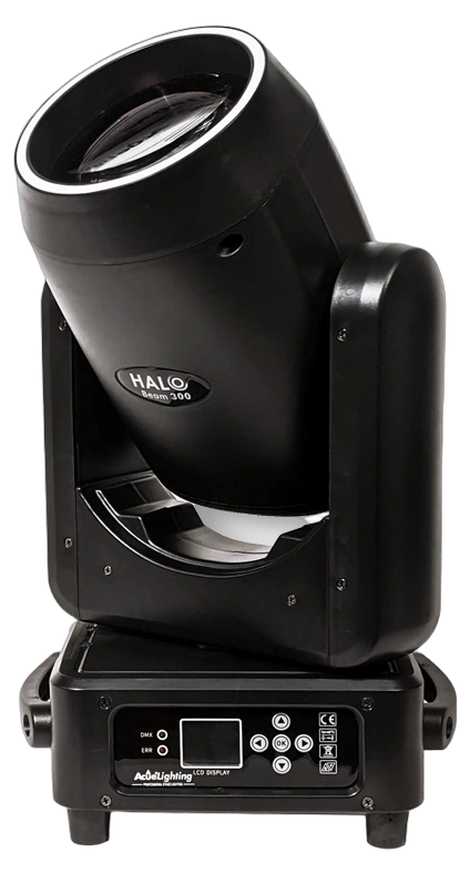 Acue Lighting Halo Beam 300 Hybrid Moving Head Front View Acue Lighting Halo Beam 300 hybrid moving head spotlight with front-facing lens and control panel