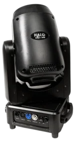 Acue Lighting Halo Beam 300 hybrid moving head fixture shown from side angle with beam projection