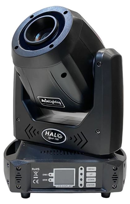 Acue Lighting Halo Spot 100 LED moving head spotlight with white housing and front optics