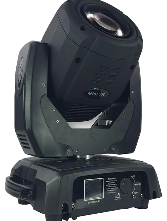 Acue Lighting Legend 230 Mini 7R beam moving head fixture front view with lens and control panel