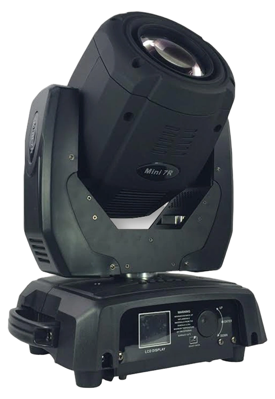 Acue Lighting Legend 230 Mini 7R Beam Moving Head Acue Lighting Legend 230 Mini 7R beam moving head fixture front view with lens and control panel