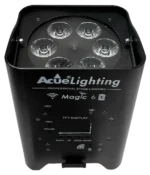 Acue Lighting Magic 6 RGBWW wireless battery par light shown from side angle with control panel visible