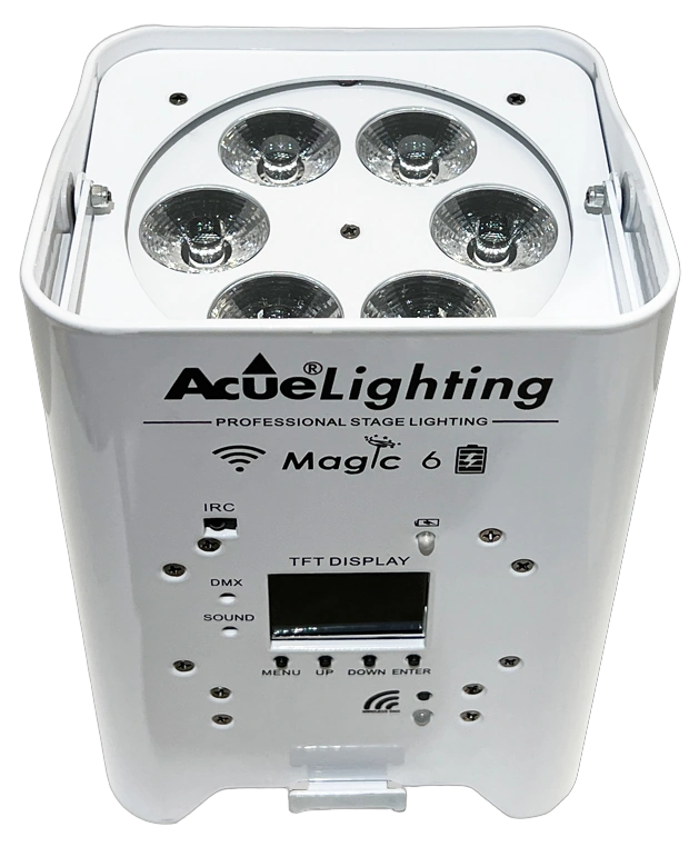 Acue Lighting Magic 6 Wireless Battery Par RGBWW Front Acue Lighting Magic 6 wireless battery powered RGB LED par light black front view