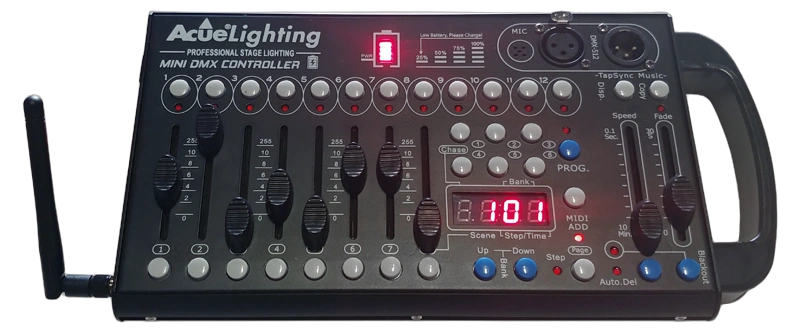Acue Lighting Mini Wireless DMX 192 Controller Console Acue Lighting Mini Wireless DMX 192 compact lighting controller console front view