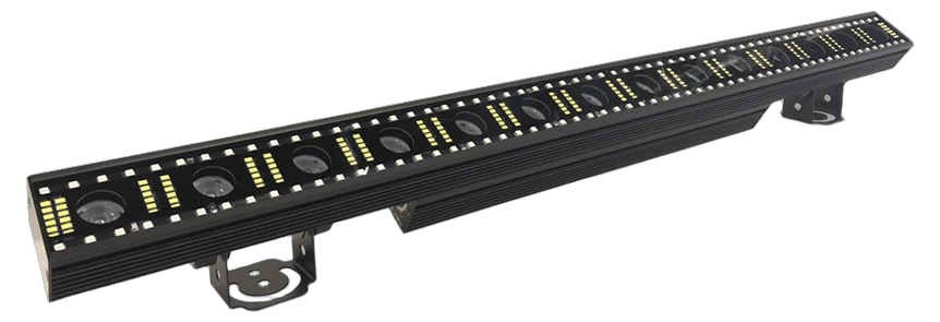 Acue Lighting Pixel FX 3-in-1 LED Bar Front View Acue Lighting Pixel FX 3-in-1 multi-effect LED bar with programmable RGB pixel controls and front panel display