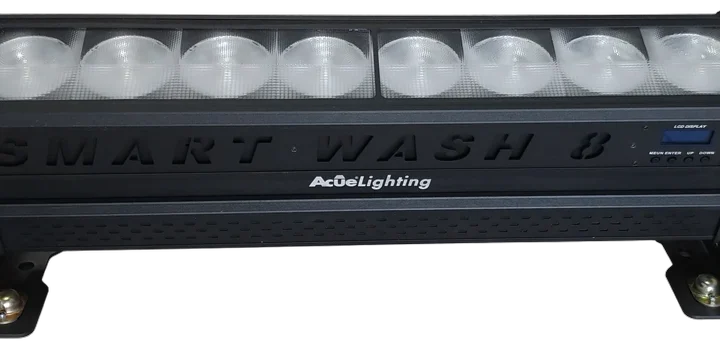 Acue Lighting Smart Wash 8 RGBA LED long-throw wash bar with eight color-mixing LED fixtures mounted on aluminum bar