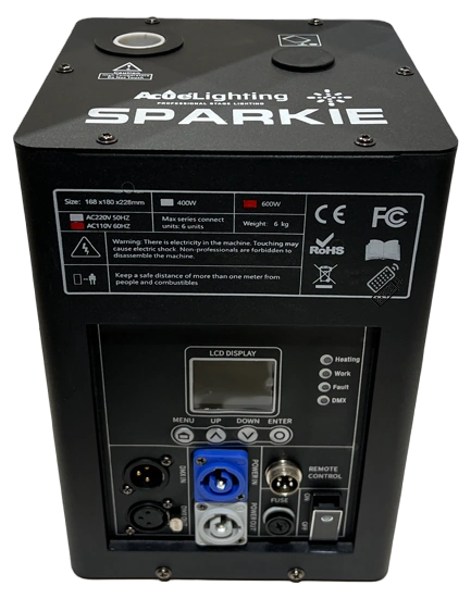 Acue Lighting Sparkie V3 cold spark machine with DMX control interface and spark effect chamber