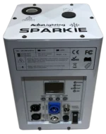 Acue Lighting Sparkie V3 DMX cold spark machine shown from side angle with control panel visible