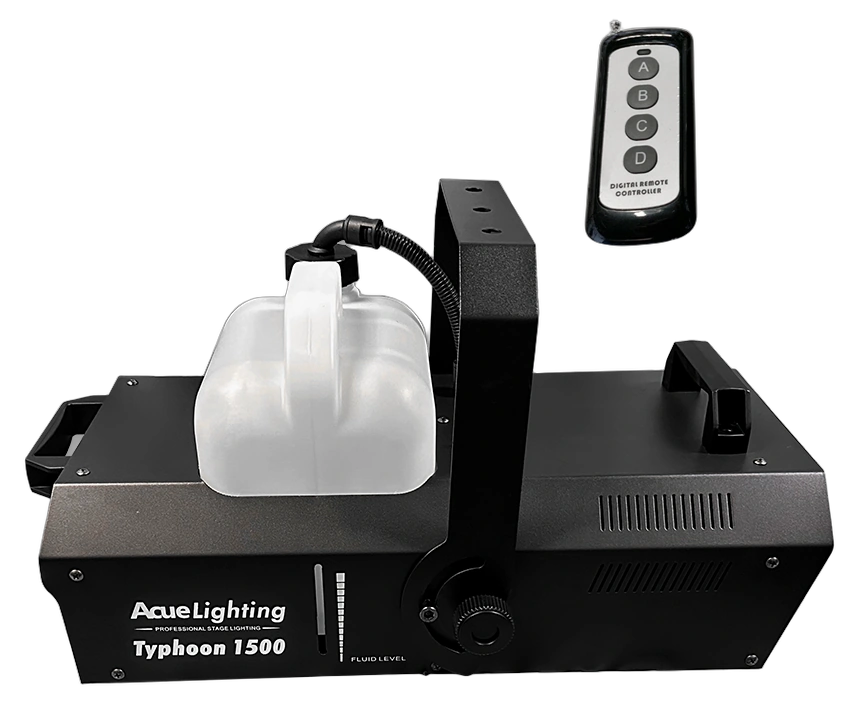 Acue Lighting Typhoon 1500 Professional Fog Machine Front View Acue Lighting Typhoon 1500 fog machine with 1500W heating element and control panel