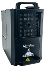 Acue Lighting Volcano 4 LED RGB vertical fog blaster with side profile showing control panel and fog output nozzle