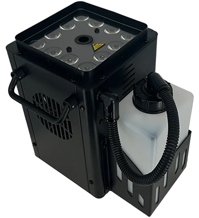 Acue Lighting Volcano Jr LED RGBA compact fog blaster with RGBA color mixing front view