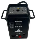 Acue Lighting Volcano Jr compact LED RGBA fog blaster with side profile showing control panel and output nozzle