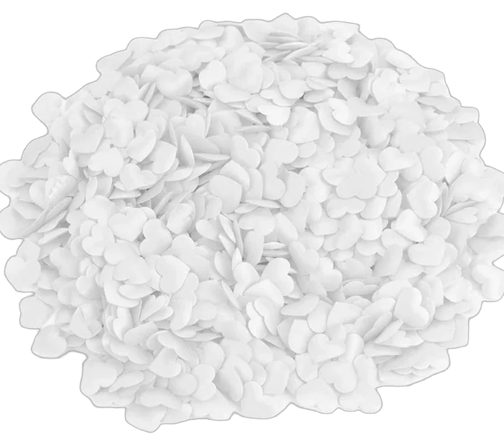 Acue Lighting white hearts paper confetti scattered display showing product packaging and loose confetti pieces