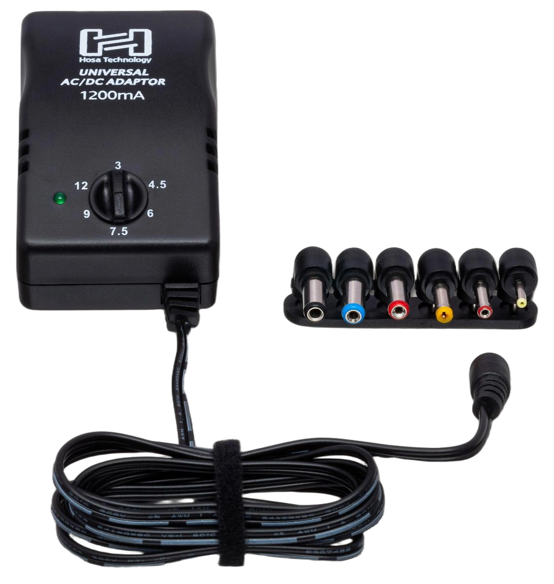 Hosa ACD-477 Universal Power Adapter Front View Hosa ACD-477 universal power adapter with selectable voltage output up to 12VDC