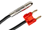 Hosa BNP-116RD 1/4 inch TS to dual banana speaker adapter cable in use with amplifier and speaker