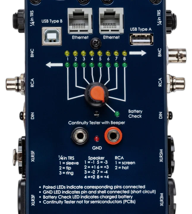 Hosa CBT-500 cable tester displaying LED indicator lights and testing functionality