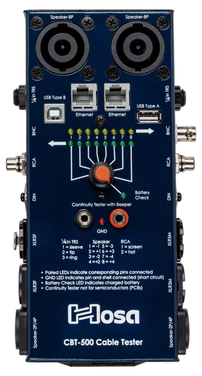 Hosa CBT-500 Audio Cable Tester Feature Highlight Hosa CBT-500 cable tester displaying LED indicator lights and testing functionality