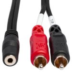 Hosa CFR-210 stereo breakout cable showing 3.5mm TRSF and dual RCA connectors