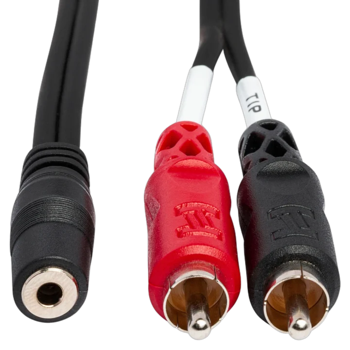 Hosa CFR-210 stereo breakout cable showing 3.5mm TRSF and dual RCA connectors
