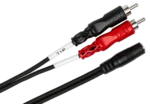 Hosa CFR-210 stereo breakout cable with 3.5mm TRSF connector and dual RCA connectors, side profile view