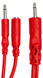 Hosa CMM-500Y-MIX Hopscotch patch cable showing 3.5mm TS and TSF connectors in detail