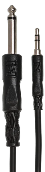 Hosa CMP-103 mono interconnect cable showing 1/4 inch TS and 3.5mm TRS connectors in detail