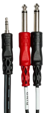 Hosa CMP-153 stereo breakout cable showing 3.5mm TRS and dual 1/4 inch TS connectors in detail