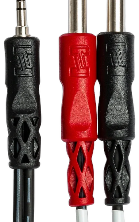 Hosa CMP-153 stereo breakout cable showing 3.5mm TRS and dual 1/4 inch TS connectors in detail