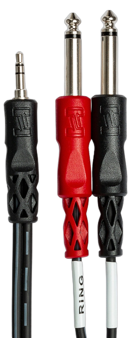 Hosa CMP-159 Stereo Breakout Cable Connectors Detail Hosa CMP-159 stereo breakout cable showing 3.5mm TRS and dual 1/4 inch TS connectors in detail