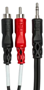 Hosa CMR-210 stereo breakout cable showing 3.5mm TRS jack and dual RCA connectors in detail