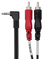 Hosa CMR-225 stereo breakout cable showing dual RCA connectors and 3.5mm TRS jack rear panel