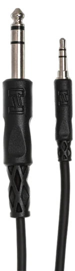 Hosa CMS-103 stereo interconnect cable showing 3.5mm TRS and 1/4 inch TRS connectors in detail