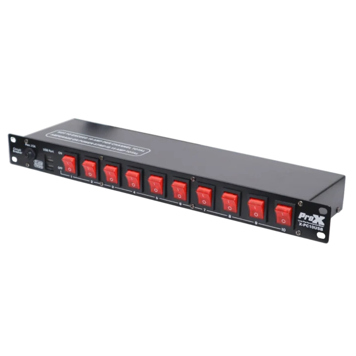 ProX 10 way Edison AC power strip with 15A breaker, LED toggle switches, and 1U rack mount design