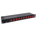 ProX 10 Way Edison AC power strip showing toggle switches, LED indicators, and 15A breaker detail