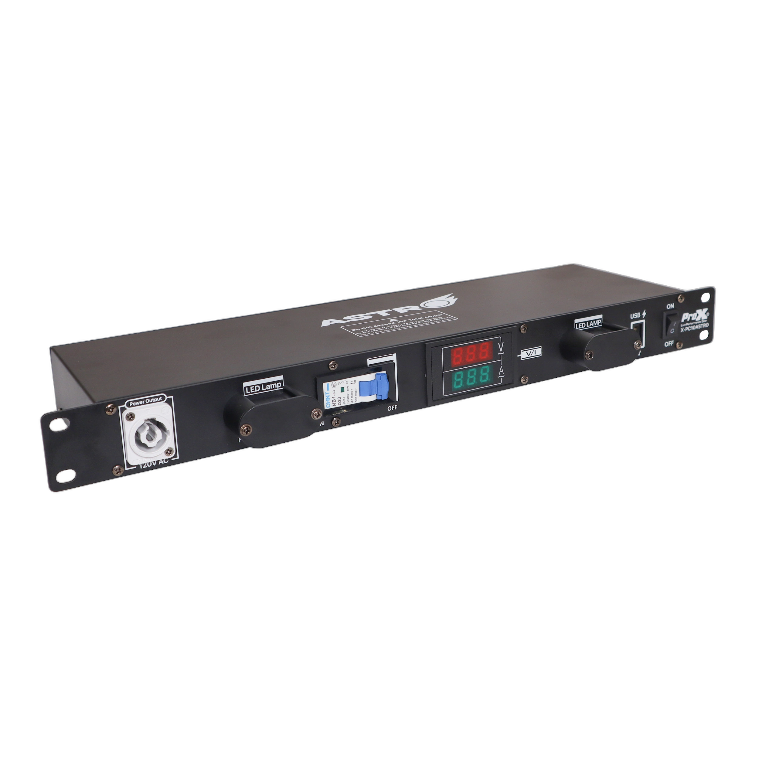 ProX 10 Way Power Distribution Rack Rear Panel ProX 10 way power distribution unit rear panel with LED lamp and USB port connections