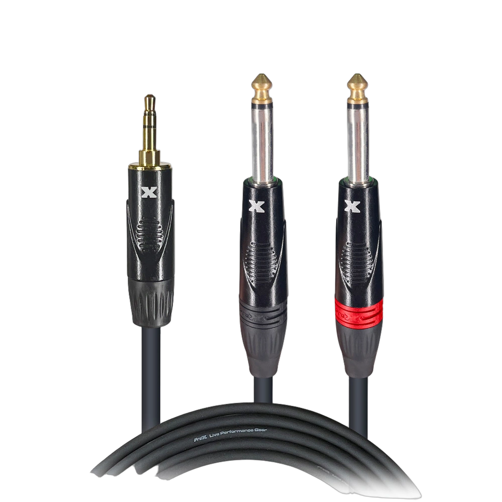 ProX 10ft Y-Cable 3.5mm to Dual 1/4 TS Mono ProX 10 foot Y-cable with 3.5mm stereo jack and dual 1/4 inch TS mono connectors
