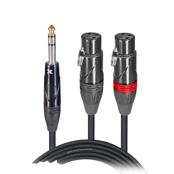 ProX 10 foot Y-cable with 1/4 inch stereo connector and dual XLR-F connectors, full length view