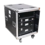 ProX 12U 24 inch deep vertical rack case with sliding slam doors and caster wheels front view