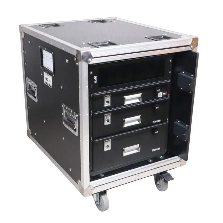 ProX 12U 24 inch deep vertical rack case with sliding slam doors and caster wheels front view