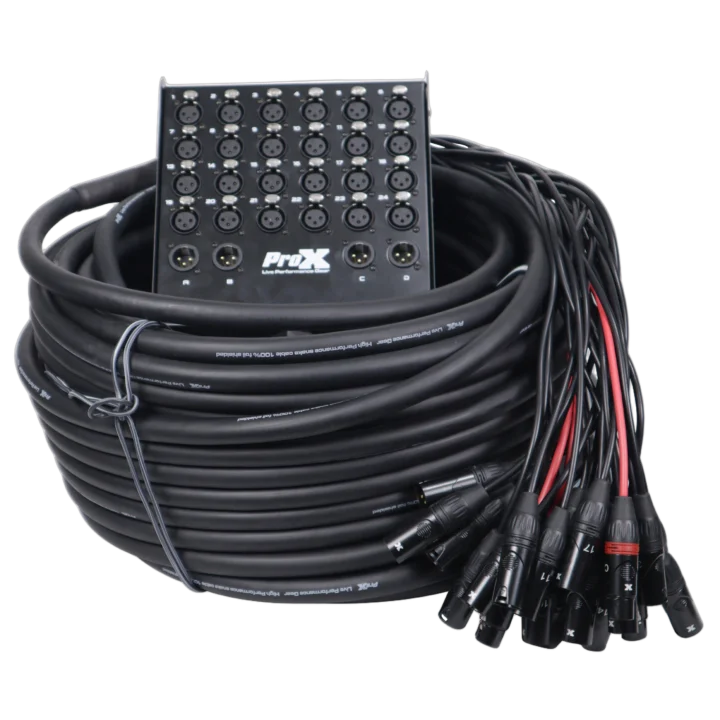 ProX 150 foot XLR stage box snake showing 24 XLR female inputs and 4 XLR male return connectors