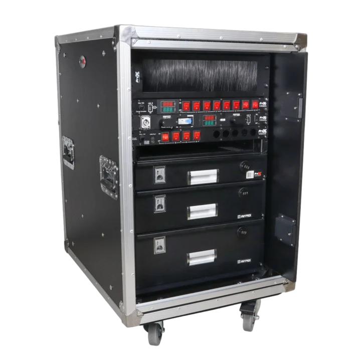 ProX 16U 24 inch deep vertical rack case with dual sliding slam doors and caster wheels front view