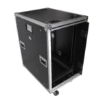 ProX 18U 24 inch deep vertical rack case with sliding slam doors and caster wheels in application setup