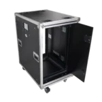 ProX 18U 24 inch deep vertical rack shock mount case with sliding slam doors and caster wheels front view
