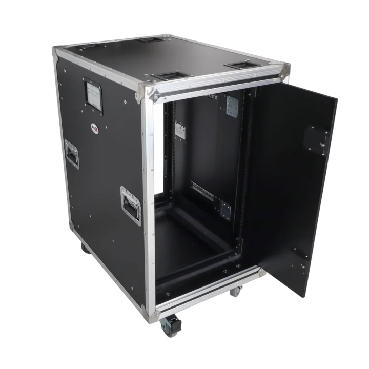 ProX 18U 24 inch deep vertical rack shock mount case with sliding slam doors and caster wheels front view