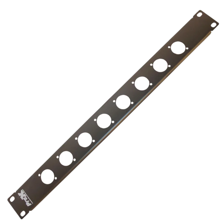 ProX 1U rack panel with eight XLR connector holes punched for audio connections