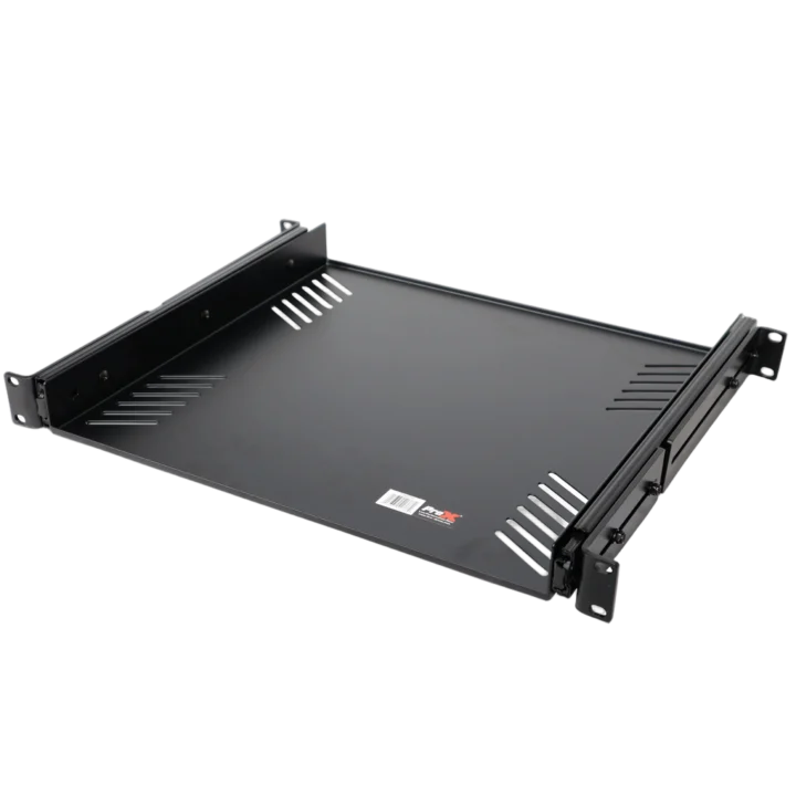 ProX 1U ventilated sliding rack tray shelf with front-facing view showing ventilation slots and sliding mechanism